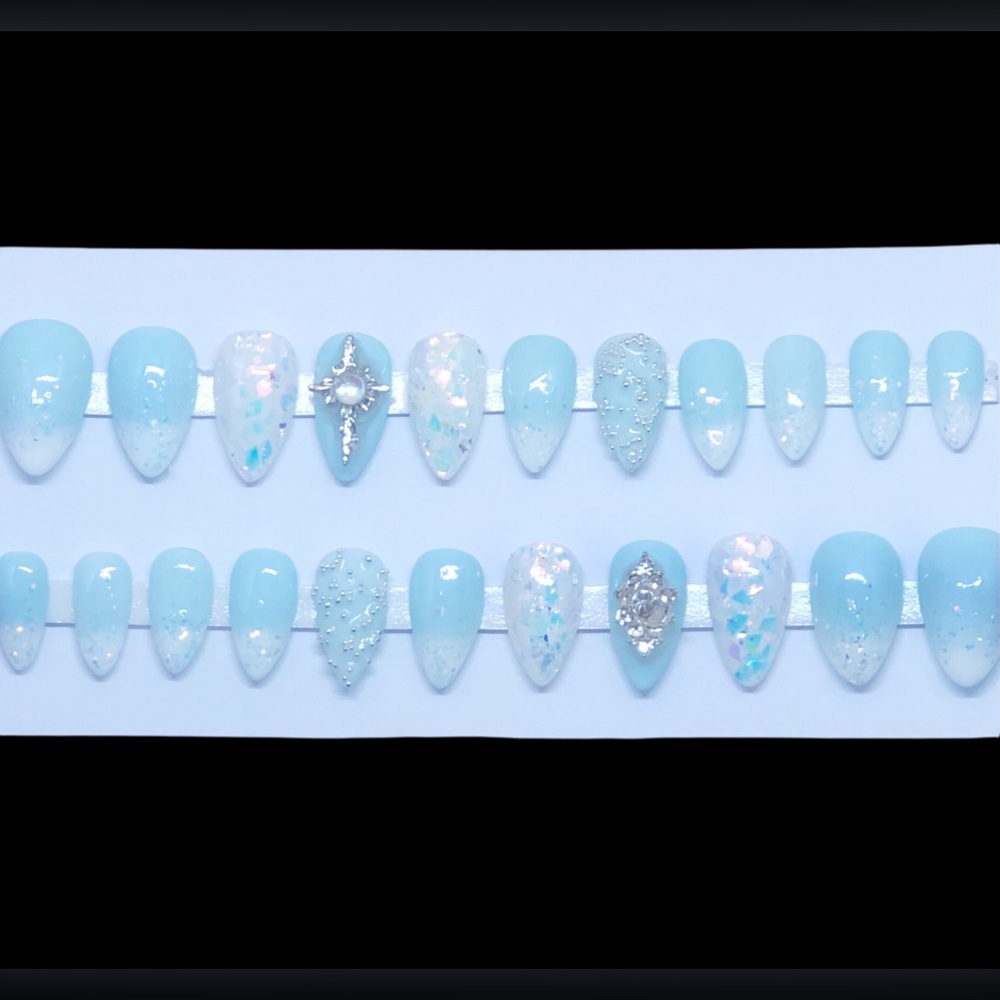 *SOLD* Handmade Custom Press On Nails Short Almond Shape Baby Blue French Tip - Picture 10 of 10